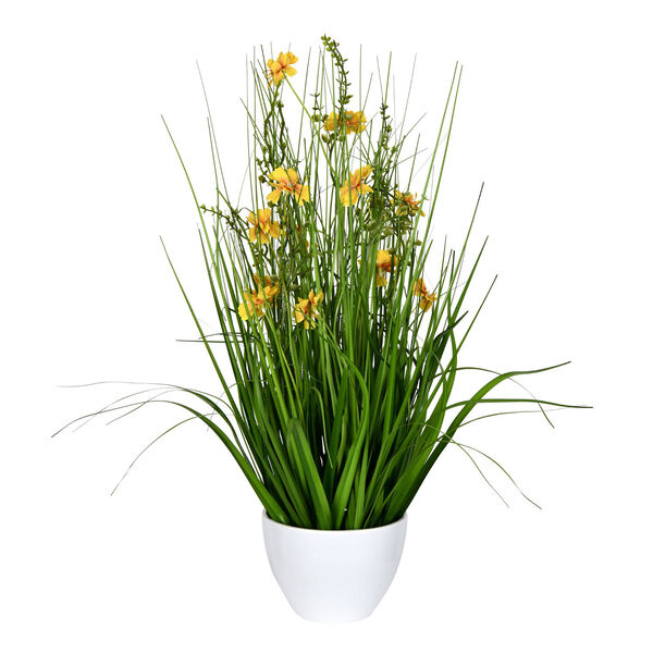 Green and Yellow 23-Inch Cosmos Grass with White Pot, image 1