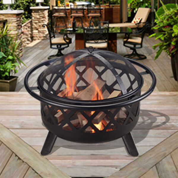 Black Outdoor 30-Inch Round Steel Wood Burning Fire Pit, image 2