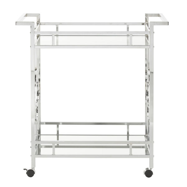 Kira Chrome Floral Bar Cart with Mirror Bottom and Glass Top, image 2