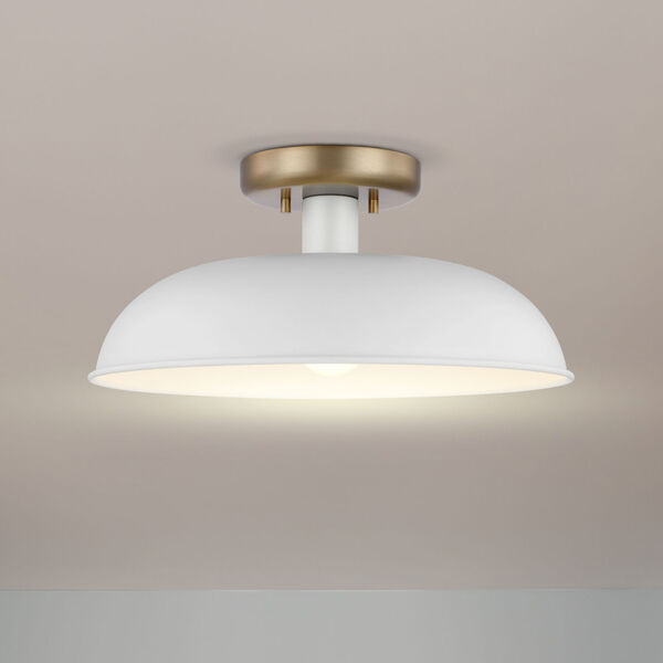 Colony Matte White and Burnished Brass 15-Inch One-Light Semi Flush Mount, image 5