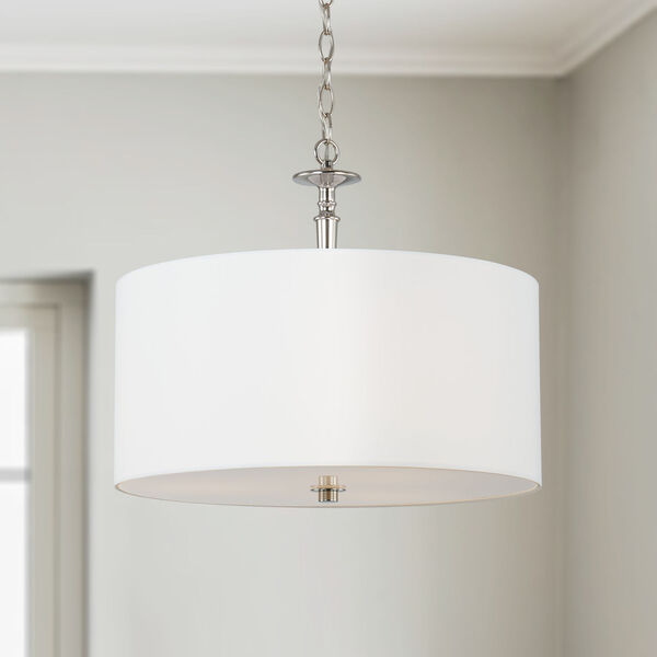 Abbie Polished Nickel and White Three-Light Drum Pendant with White Fabric Shade, image 2