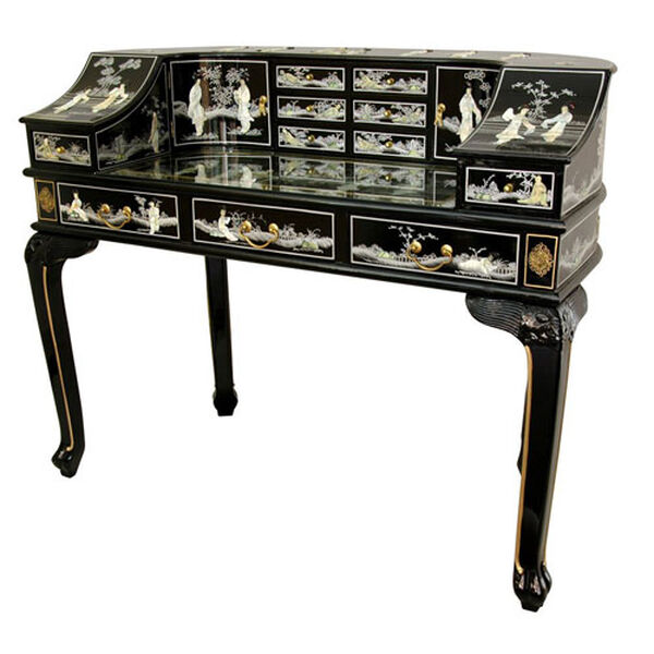 Black Lacquer Ladies Desk w/ Mother of Pearl, Width - 48 Inches, image 1
