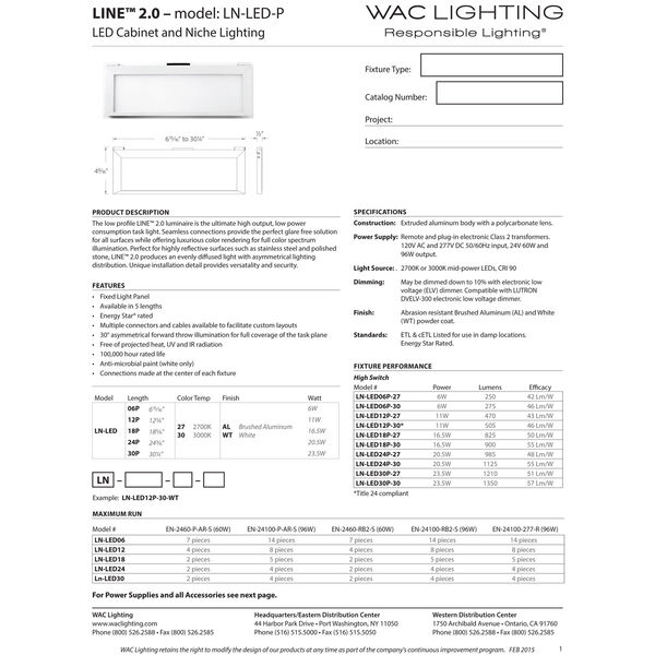 WAC Lighting Line White 18-Inch LED Undercabinet Light, 3000K LN-LED18P-30- WT Bellacor