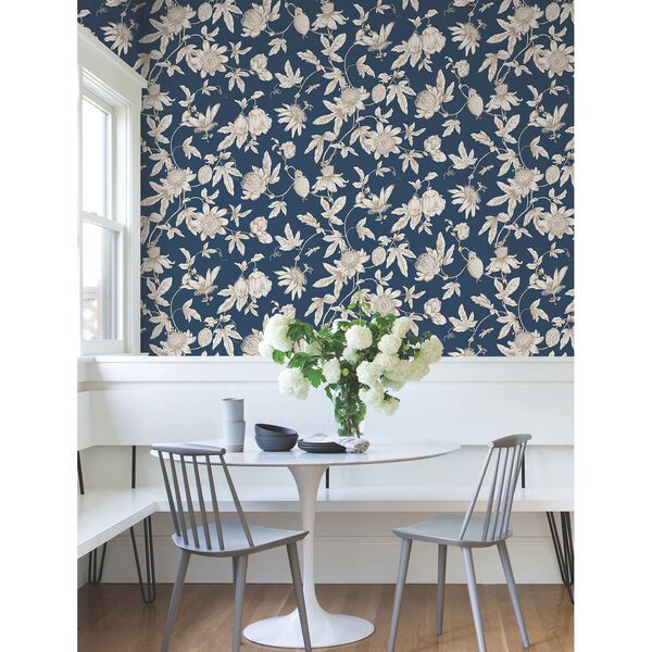 Passion Flower Toile Navy Wallpaper, image 3