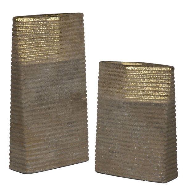 Riaan Sand Textured Earth Tones and Gold Leaf Ribbed Vase, Set of 2, image 1