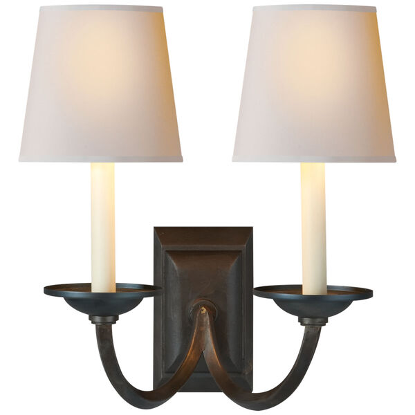 Flemish Double Sconce in Aged Iron with Natural Paper Shades by Chapman and Myers, image 1
