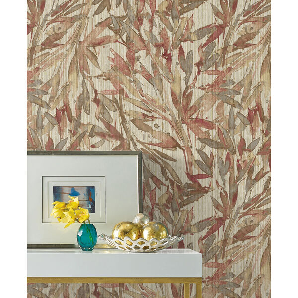 Antonina Vella Natural Opalescence Red and Warm Gray Rainforest Leaves Wallpaper, image 3