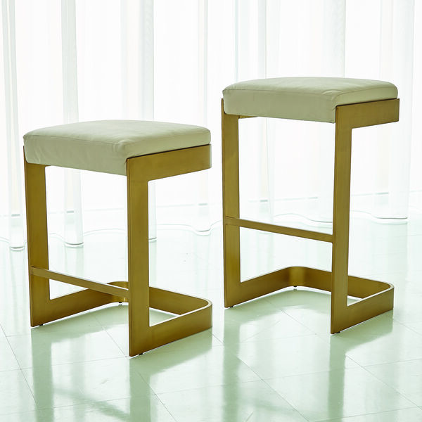 Studio A Regan Antique Brass and Ivory Leather Low Barstool, image 1