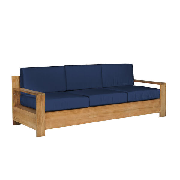 Qube Natural Teak Three-Person Outdoor Sofa with Sunbrella Navy Blue Cushion, image 1