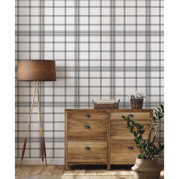 Waters Edge Black Charter Plaid Pre Pasted Wallpaper, image 1