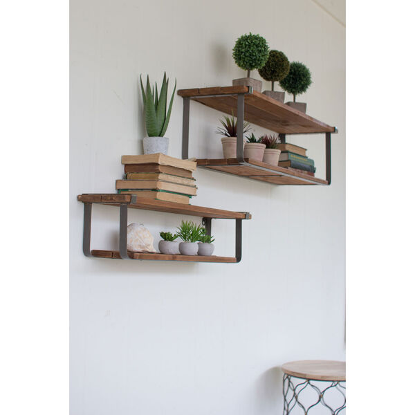 Set of Double Recycled Wood and Metal Shelves, image 1
