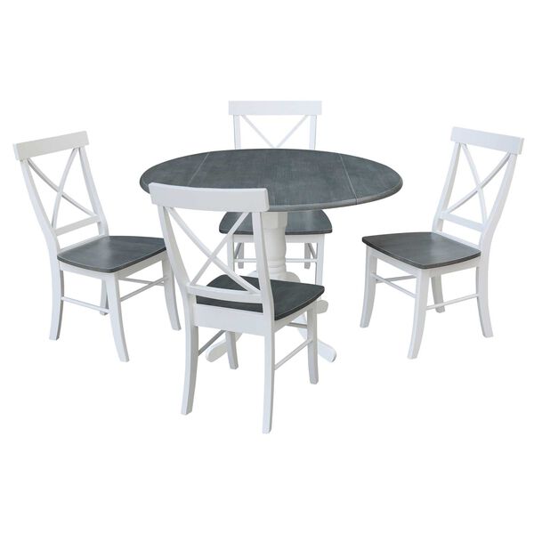 White and Heather Gray 42-Inch Dual Drop Leaf Dining Table with X-back Chairs, Five-Piece, image 1