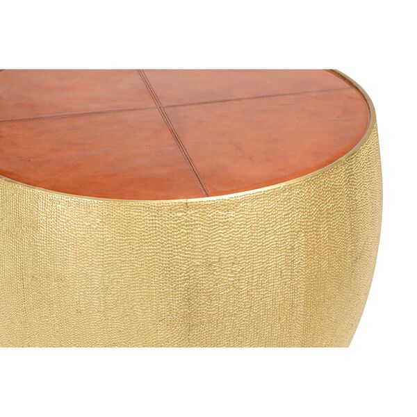 Cognac and Antique Brass Drum Table, image 5