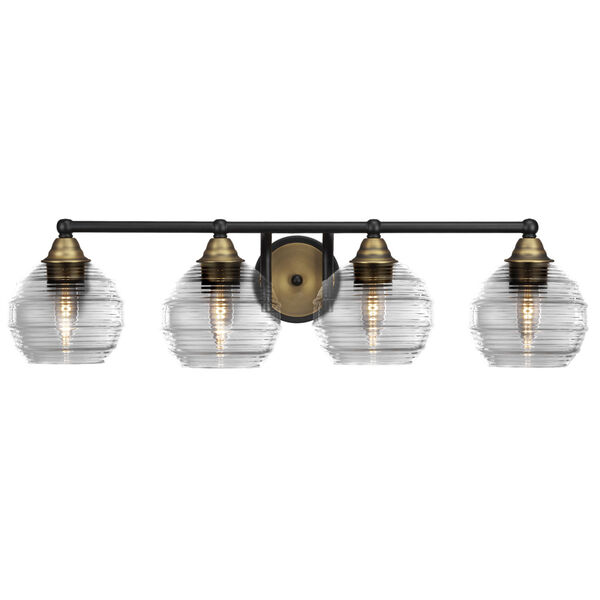 Paramount Matte Black and Brass Four-Light 32-Inch Bath Vanity with Clear Ribbed Glass, image 1