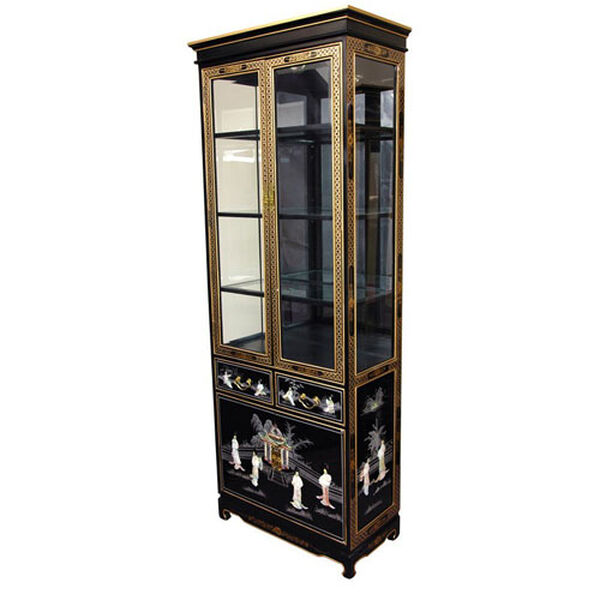 Tall Lacquer Curio Cabinet - Black Mother of Pearl Ladies, Width - 30 Inches, image 1