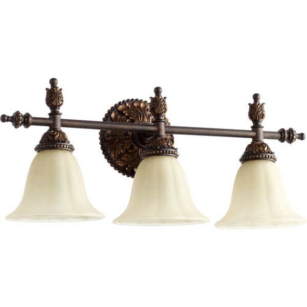 Rio Salado Toasted Sienna and Mystic Silver Three Light Vanity Fixture with Amber Linen Glass, image 1