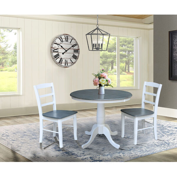 White and Heather Gray 36-Inch Round Extension Dining Table with Two Ladderback Chair, Three-Piece, image 1