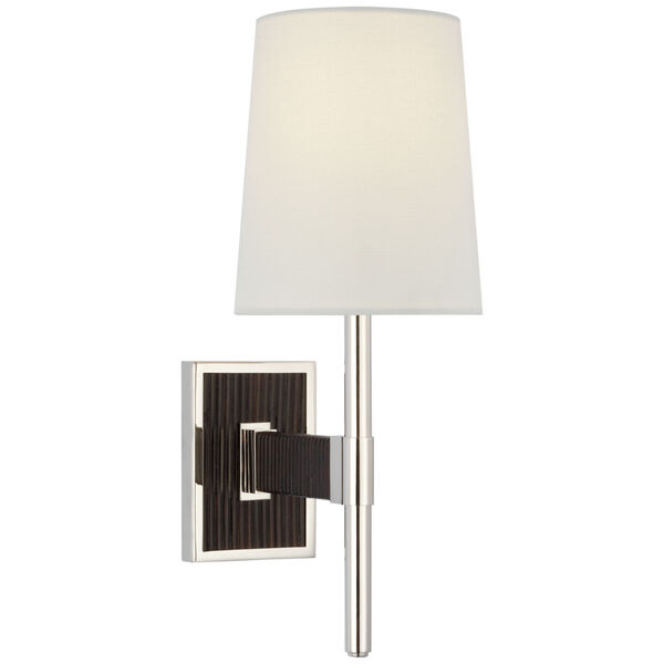 Elle Small Single Sconce in Polished Nickel and Black Rattan with Linen Shade by Suzanne Kasler, image 1