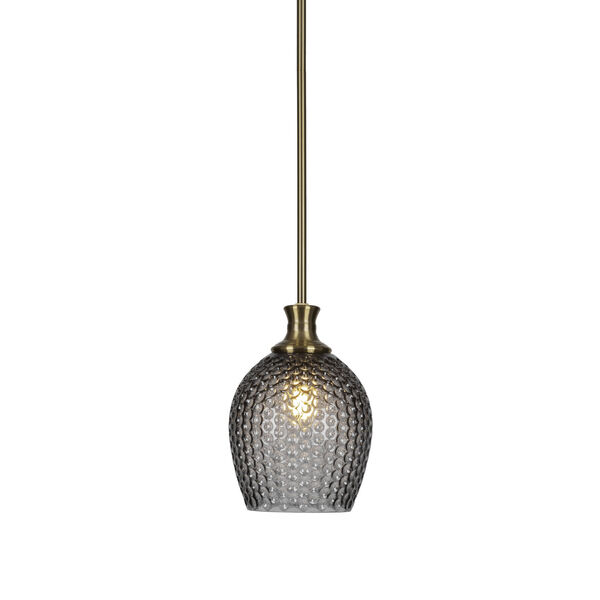Zola New Age Brass Eight-Inch One-Light Stem Hung Mini Pendant with Smoke Textured Glass Shade, image 1