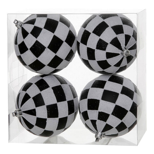 Black and White 4-Inch Check Glitter Ball Ornament, Set of Four, image 1