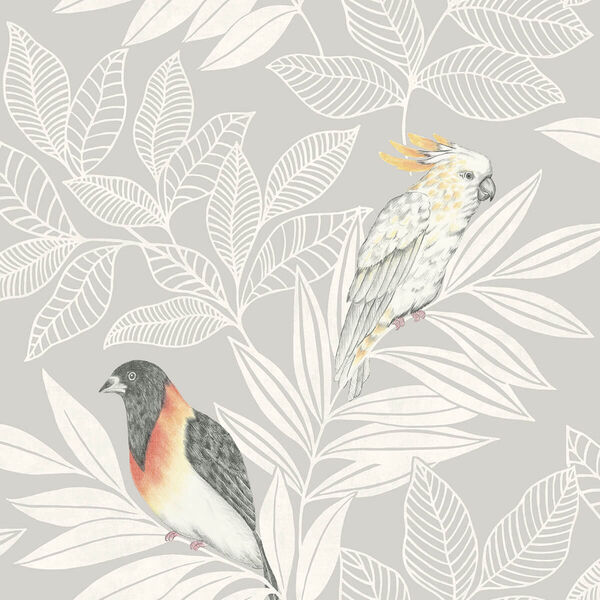 Boho Rhapsody Daydream Gray and Ivory Paradise Island Birds Unpasted Wallpaper, image 2