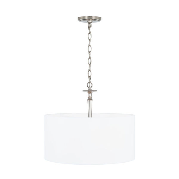 Abbie Polished Nickel and White Three-Light Drum Pendant with White Fabric Shade, image 3