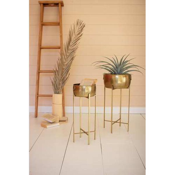 Brass Finish Planters with Stands, Set of Two, image 1