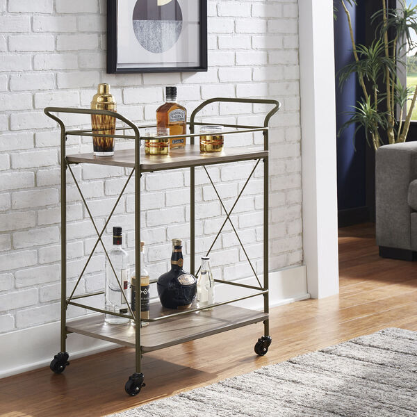 Torres Bronze and Walnut X-Frame Bar Cart with Wood Shelf, image 1