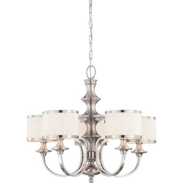 Candice Brushed Nickel Five-Light Chandelier w/Pleated White Shades, image 1