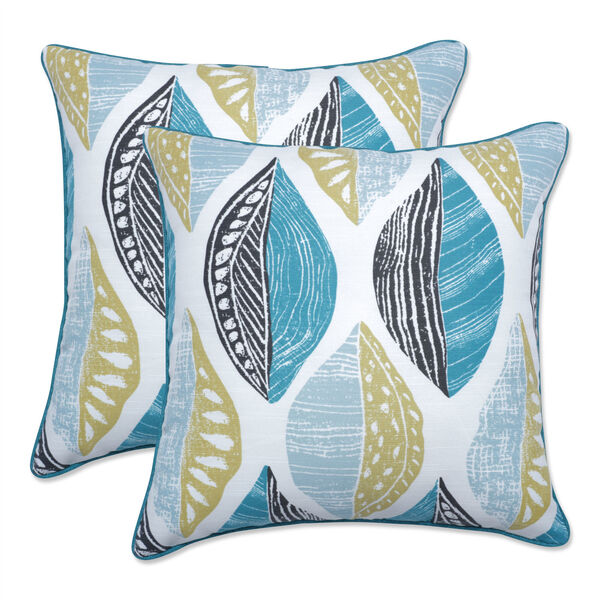 Leaf Block Teal and Citron 19-Inch Throw Pillow, Set of Two, image 1