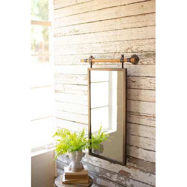 Brown Rectangle Wall Mirror with Wooden Dowel Hanger, image 1