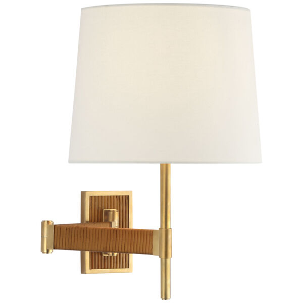 Elle Swing Arm Sconce in Hand-Rubbed Antique Brass and Dark Rattan with Linen Shade by Suzanne Kasler, image 1