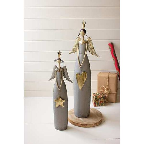 Gold and Grey Christmas Angels Holding Heart and Star, Set of Two, image 1