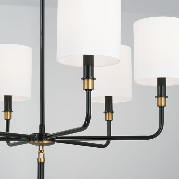 Beckham Glossy Black and Aged Brass Six-Light Chandelier with White Fabric Stay Straight Shades, image 4