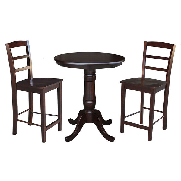 Rich Mocha 30-Inch Round Top Pedestal Dining Table with Two Counter Stool, Three-Piece, image 2