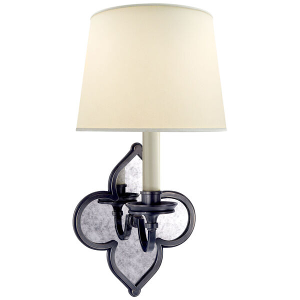 Lana Single Sconce in Gun Metal and Antique Mirror with Natural Percale Shade by Alexa Hampton, image 1