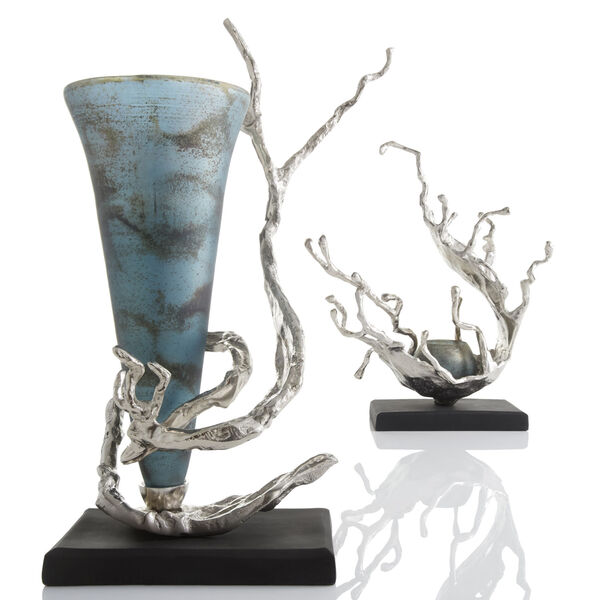 Nickel and Blue Mist Glass Aqueous Candleholder, image 2