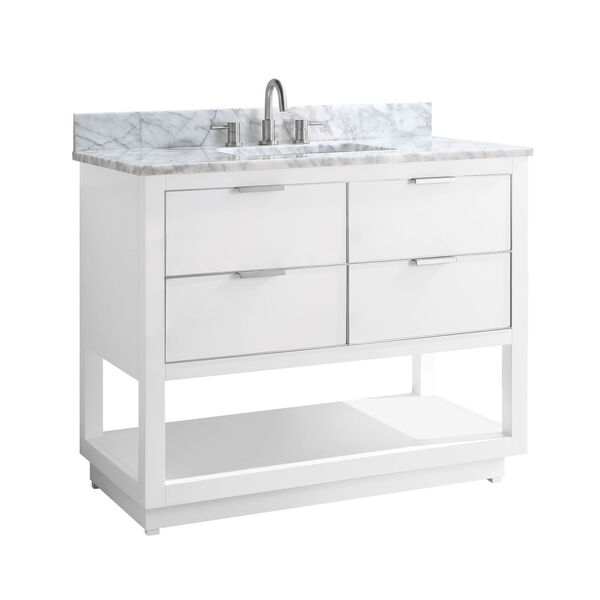 White 43-Inch Bath vanity with Silver Trim and Carrara White Marble Top, image 2