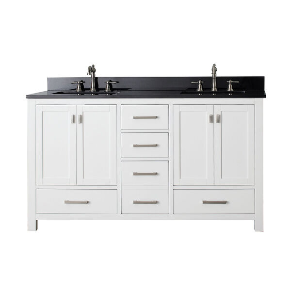 Modero 60-Inch White Double Vanity with Black Granite Top and Double Sinks, image 1