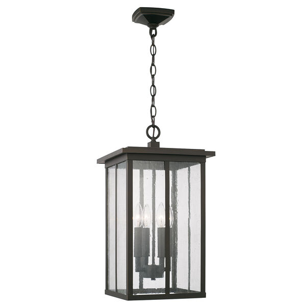 Barrett Oiled Bronze Four-Light Outdoor Hanging Lantern Pendant with Antiqued Glass, image 1