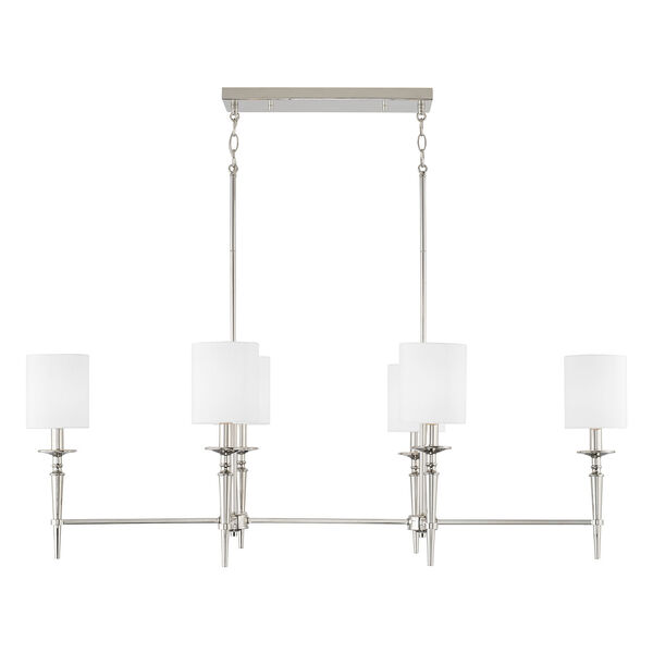 Abbie Polished Nickel and White Six-Light Island Chandelier with White Fabric Stay Straight Shades, image 1