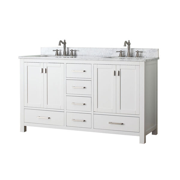Modero 60-Inch White Double Vanity with Carrera White Marble Top and Double Sinks, image 2