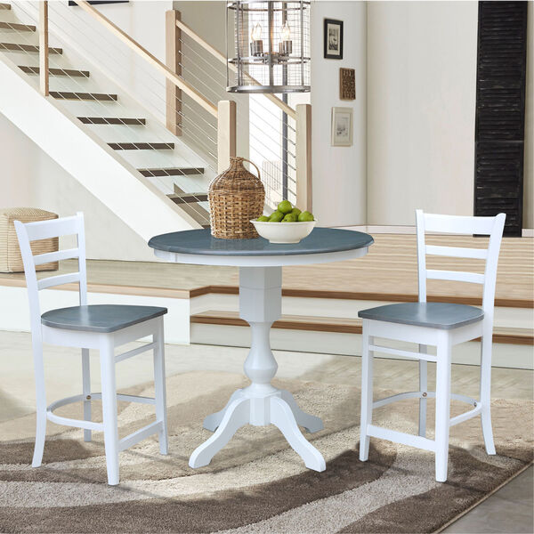 White and Heather Gray 36-Inch Round Extension Dining Table with Two Counter Stool, Three-Piece, image 1