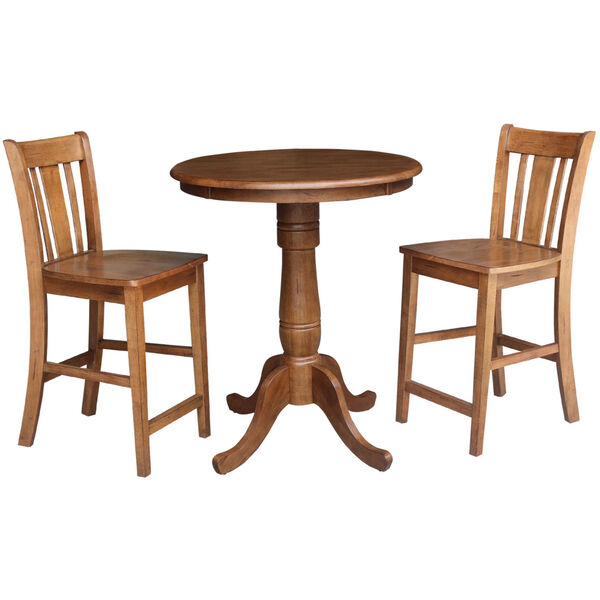 San Remo Distressed Oak 30-Inch Round Top Pedestal Gathering Table with Two Counter Height Stool, Set of Three, image 2