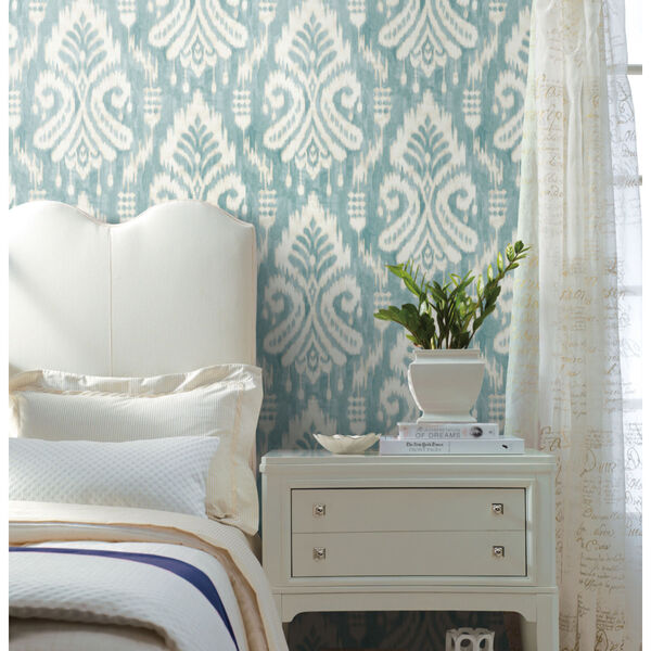 Tropics Aqua Hawthorne Ikat Pre Pasted Wallpaper - SAMPLE SWATCH ONLY, image 1