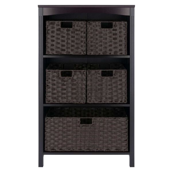 Terrace Espresso Chocolate Six-Piece Storage Shelf with Five Foldable Woven Baskets, image 2