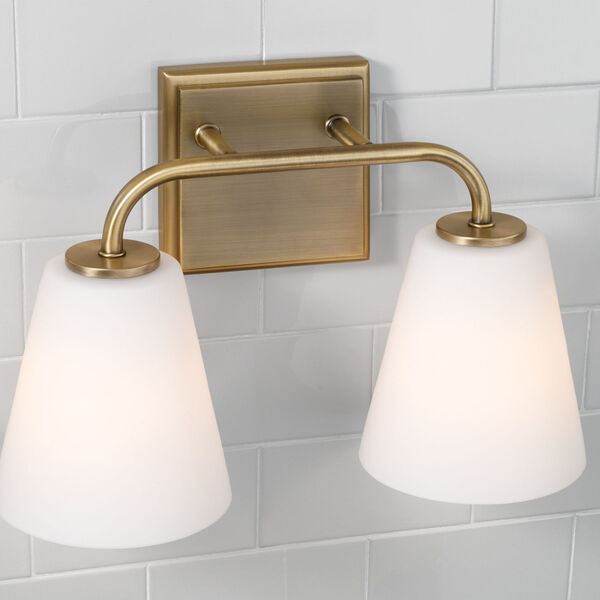Brody Aged Brass Two-Light Bath Vanity with Soft White Glass, image 2