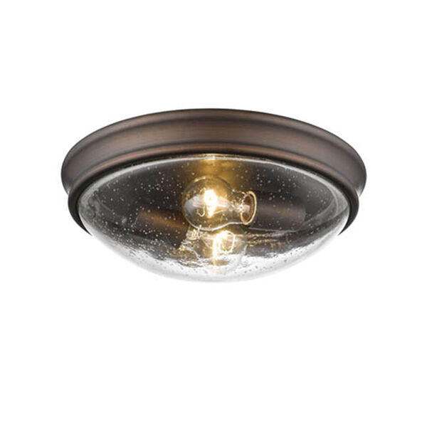Rubbed Bronze Two-Light Flush Mount with Clear Seeded Glass, image 1