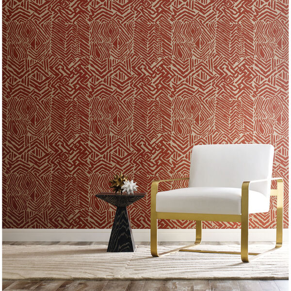 Ronald Redding Handcrafted Naturals Red and Tan Tribal Print Wallpaper, image 2