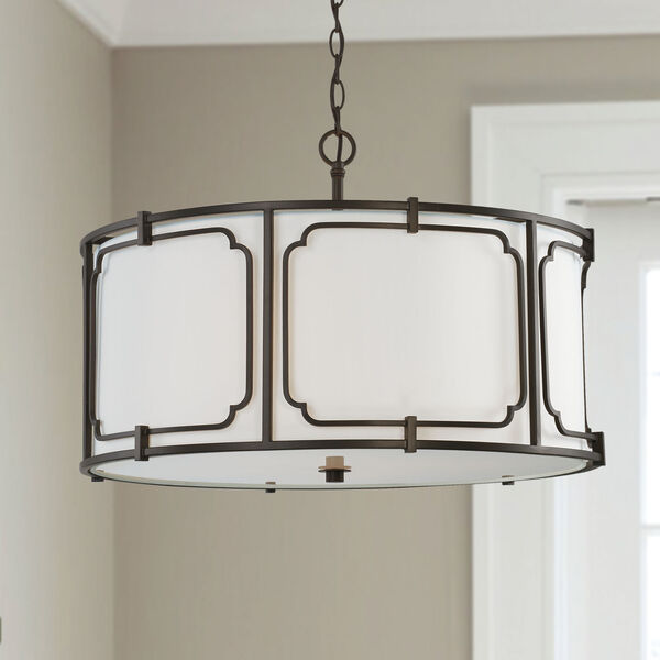Merrick Old Bronze Four-Light Drum Pendant with White Fabric Shade and Glass Diffuser, image 2
